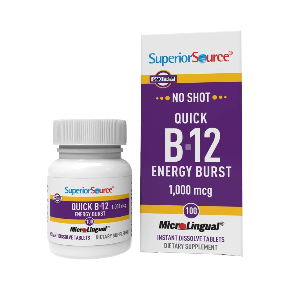 Superior Source NO SHOT Quick Energy B-12 tablet dissolves under the tongue for fast absorption.