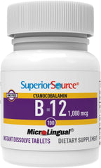 Superior Source sublingual B-12 bottle and tablets shown for daily use