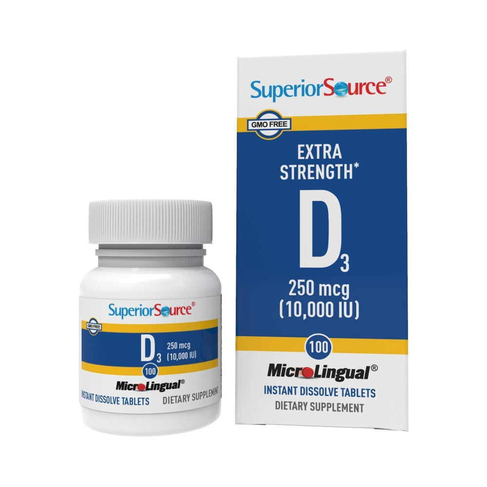 Superior Source Vitamin D3 bottle showing easy daily dosing for bone support.