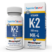 Superior Source Vitamin K2 bottle front label highlighting the 500 mcg MK-4 formula for daily use