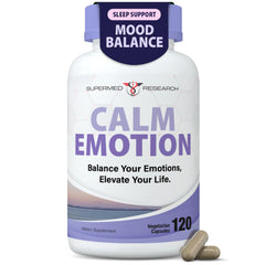 Supermed Research CalmEmotion bottle packshot highlighting vegan mood support.