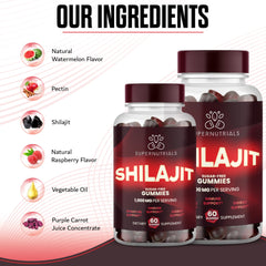SUPERNUTRIALS Shilajit Gummies packaging artwork highlighting vegan and sugar-free formula