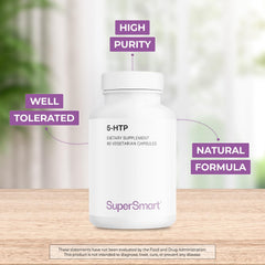 Supersmart 5-HTP bottle front with strong vegan branding