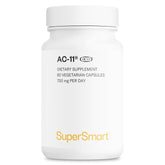Supersmart AC-11 bottle with capsules highlighting non-GMO and gluten-free formula.