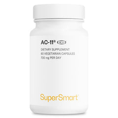 Supersmart AC-11 bottle with capsules highlighting non-GMO and gluten-free formula.