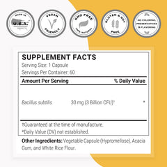 Supersmart Bacillus Subtilis packaging front displays 60 capsules.