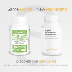Supersmart sulforaphane capsules shown as easy-to-swallow daily supplement.