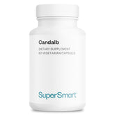 Supersmart Candalb bottle label close-up highlighting a probiotic blend for gut balance.