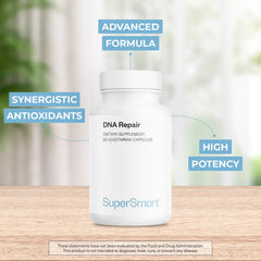 Capsules closeup reveals vegan, non-GMO formula from Supersmart DNA Repair.