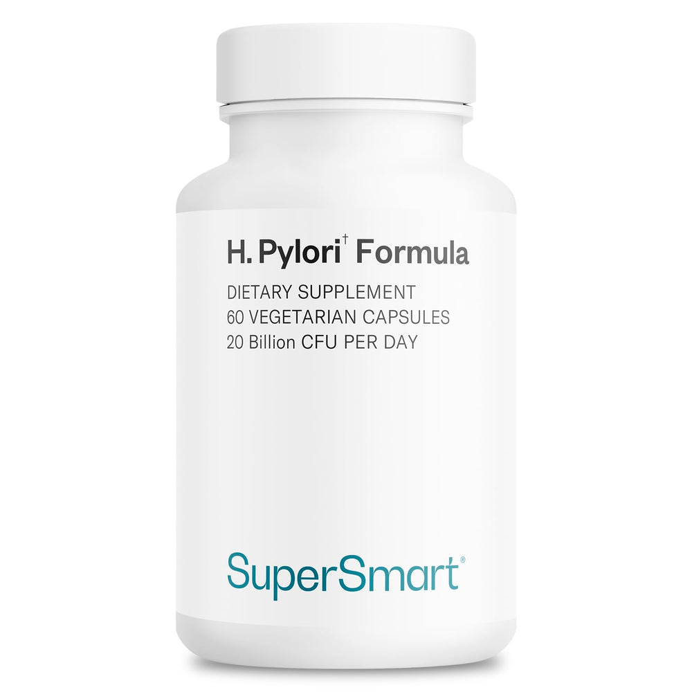 Supersmart H. Pylori Formula bottle front shows high potency probiotic for digestive balance.