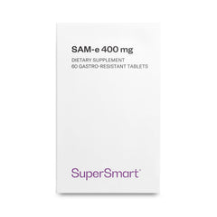 Supersmart SAM-e 400 mg bottle with enteric-coated tablets ready for daily use.