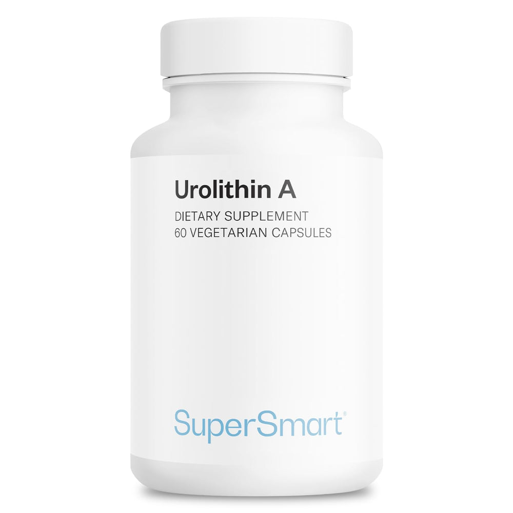 Supersmart Urolithin A bottle label showcases vegan, non-GMO formula