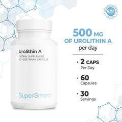 Supersmart Urolithin A vegan softgels on a neutral backdrop