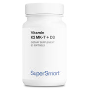 Supersmart vitamin K2 MK7 + D3 softgel with olive oil for enhanced absorption.