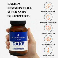 DAKE label closeup highlighting vitamins D, A, K, and E on the bottle.
