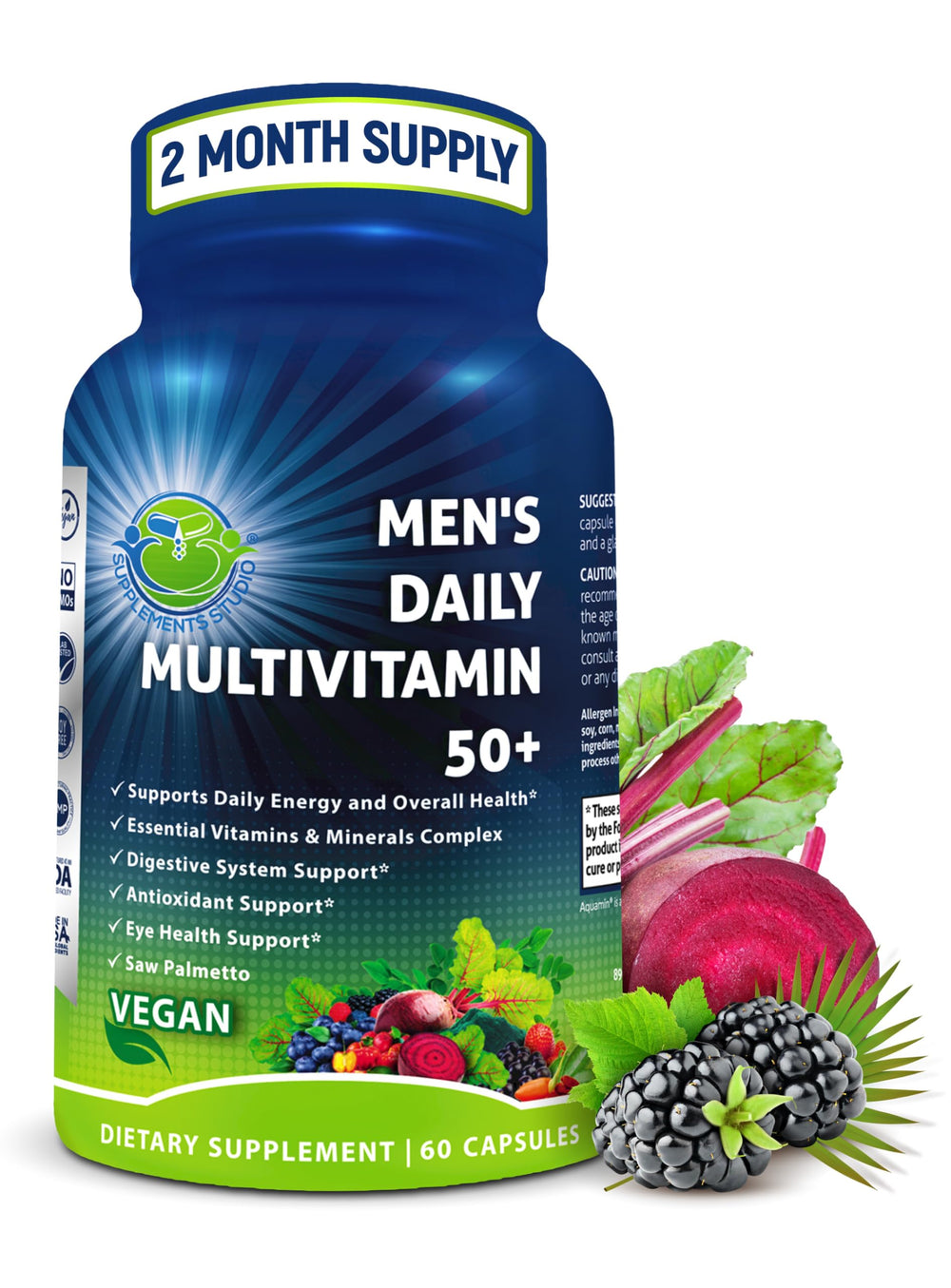 Supplements Studio Men's Daily Multivitamin bottle front supports overall wellness for fifty-plus men.