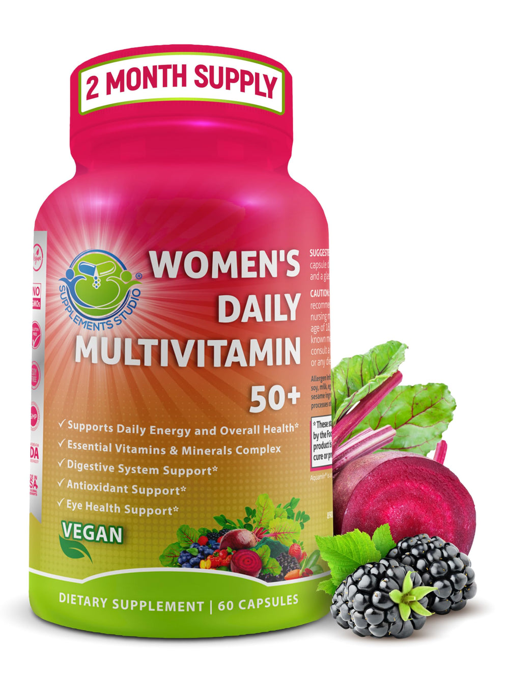 SUPPLEMENTS STUDIO Women's Daily Multivitamin 50 Plus bottle provides easy daily capsule support for energy.