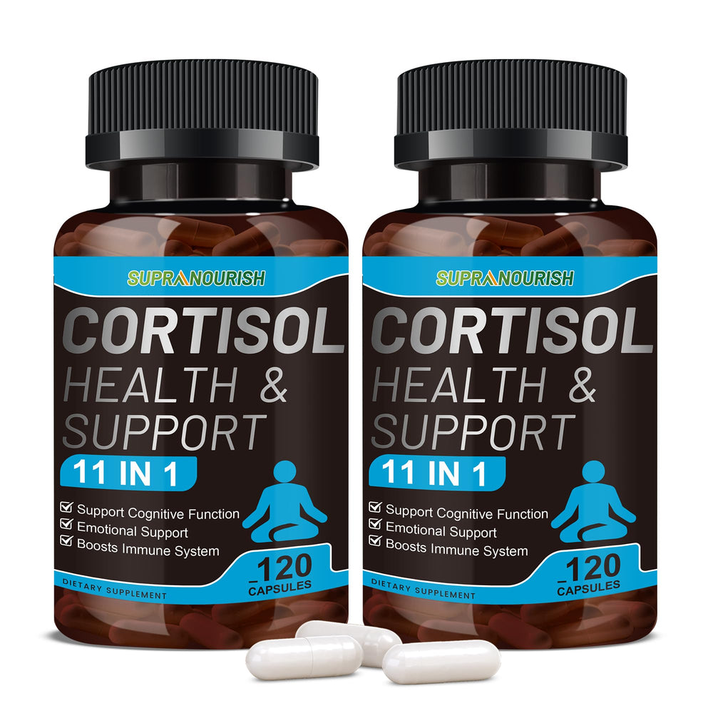 SUPRANOURISH Cortisol Manager bottle front showing 11-in-1 formula for daily balance