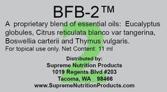 Supreme Nutrition BFB-2 essential oil blend label closeup showing pure formulation and ingredients.