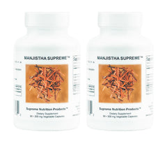 Supreme Nutrition Manjistha Supreme bottle front shows vegetarian capsules for daily wellness.