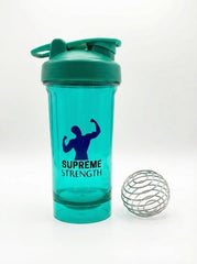 Supreme Strength protein shaker bottle with leakproof screw lid for travel.