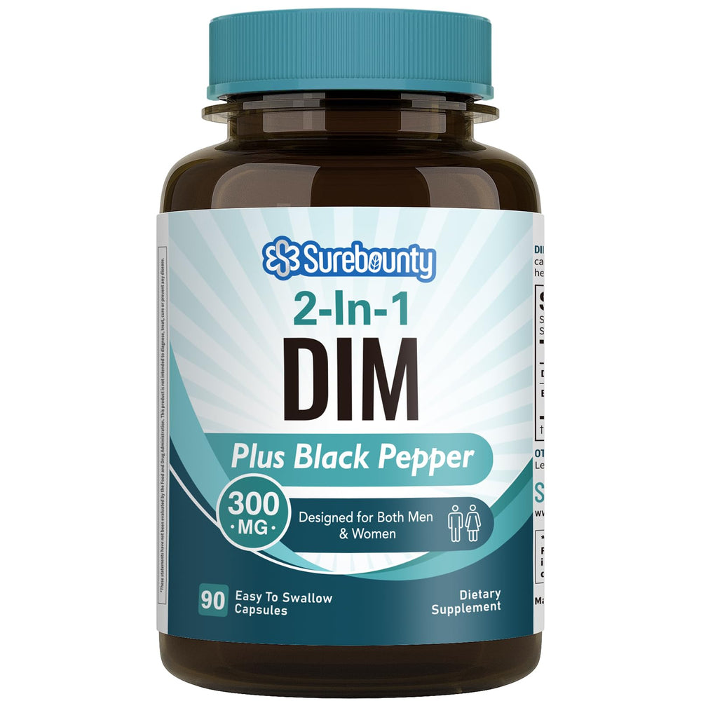 Surebounty DIM 300mg bottle with black pepper extract to boost absorption.