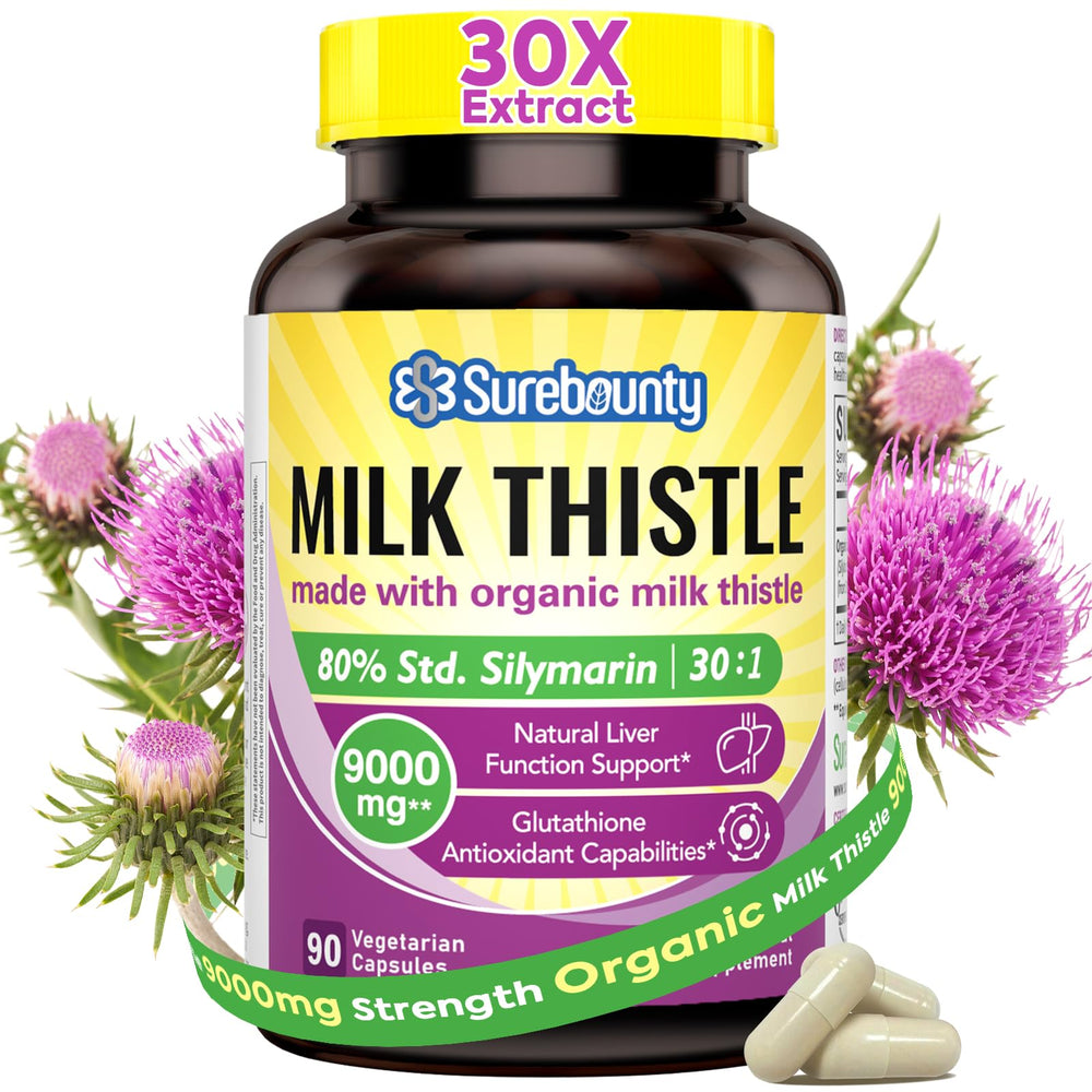 Surebounty milk thistle 9000mg bottle signals high potency for liver support.