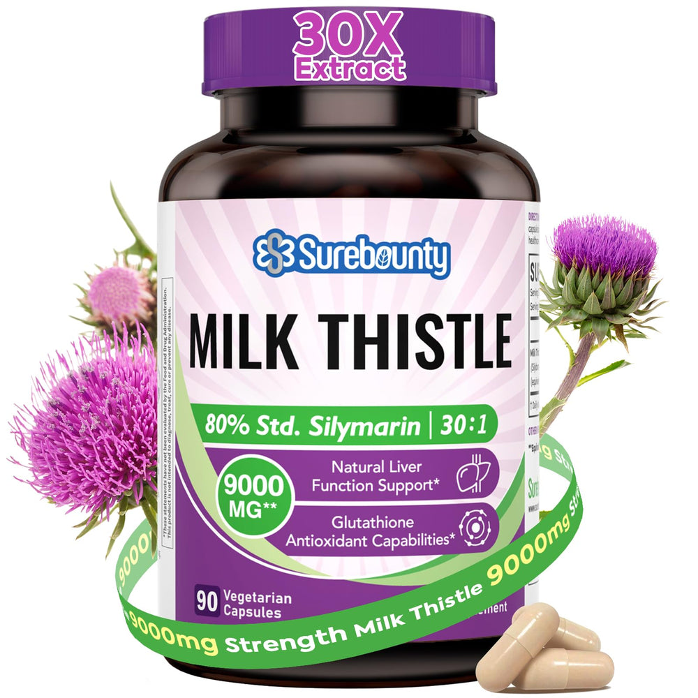 Surebounty Milk Thistle bottle showcases the 30:1 extract for daily liver-supporting routine.