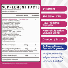 Surebounty Probiotics for Women bottle side emphasizing 120B CFU and 34 strains
