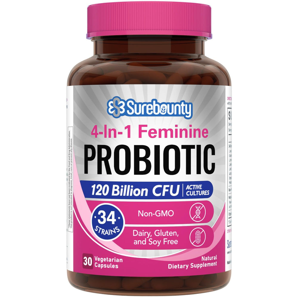 Surebounty Probiotics for Women bottle with high-potency blend for feminine balance.