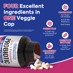 Surebounty Probiotics for Women label close-up highlights 34 strains and cranberry extract