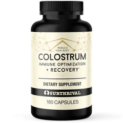 Surthrival Colostrum powder bottle closeup for immune support and digestive health.