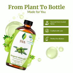 Hair care application with SVA Organic Amla Oil to nourish strands.