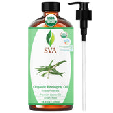 SVA Organics Bhringraj oil bottle highlighting premium organic care for hair and scalp.