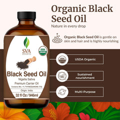 SVA Black Seed Oil amber bottle highlighting purity and hexane-free formula.