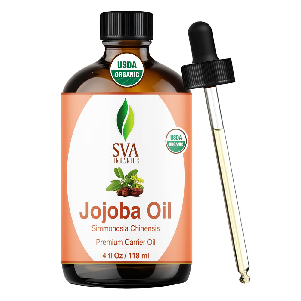 SVA Organics Jojoba Oil bottle 4oz for daily moisturizing and lightweight nourishment.