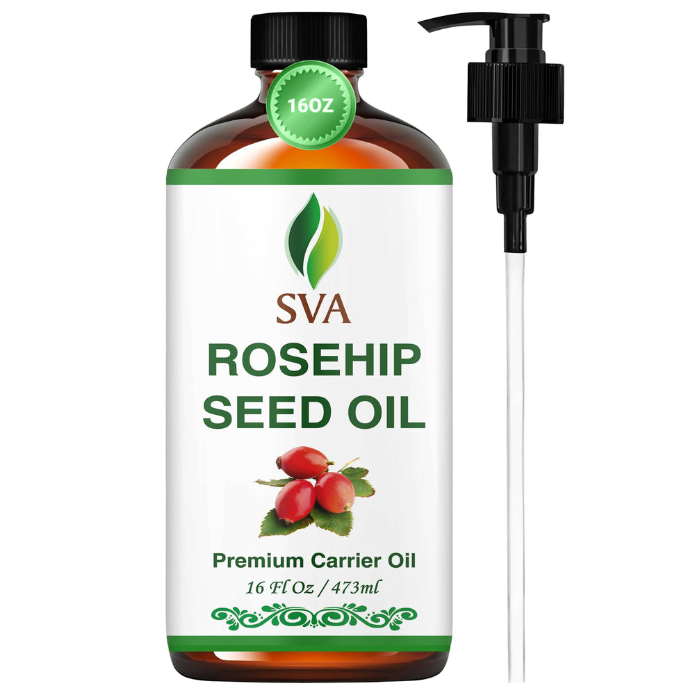 SVA Organics Rosehip Seed Oil bottle pour for precise application and skin nourishment.
