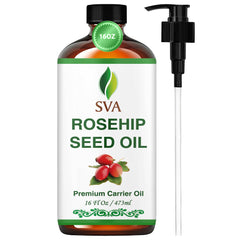 SVA Organics Rosehip Seed Oil bottle pour for precise application and skin nourishment.