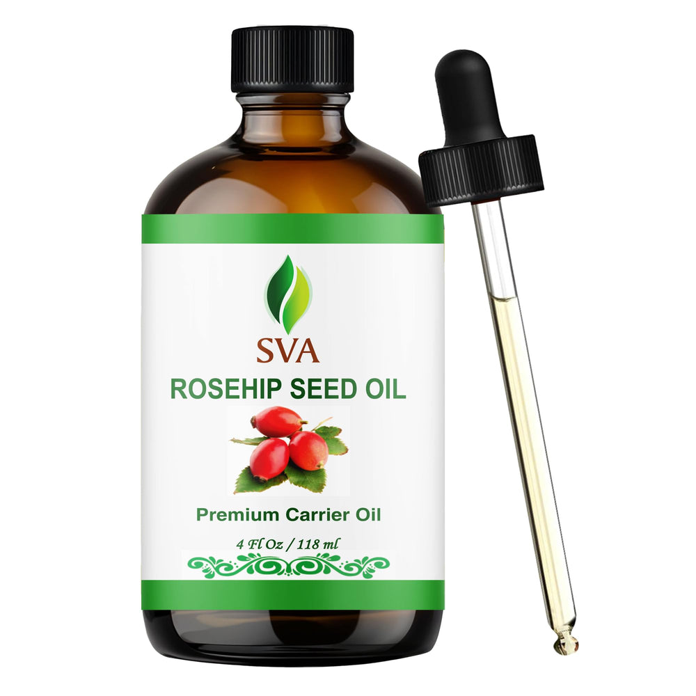 SVA ORGANICS Rosehip Seed Oil bottle for facial care, premium cold-pressed formula.