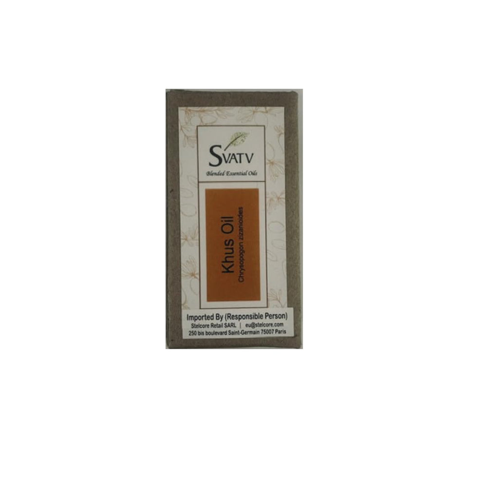 SVATV KHUS essential oil bottle with earthy vetiver aroma for diffusers.