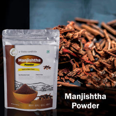 Close-up of SVATV Manjistha powder texture, a fine herbal powder.