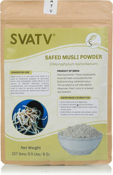 SVATV Safed Musli powder in a jar for traditional herbal preparation.