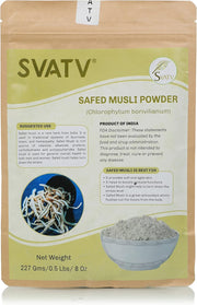 SVATV Safed Musli powder in a jar for traditional herbal preparation.