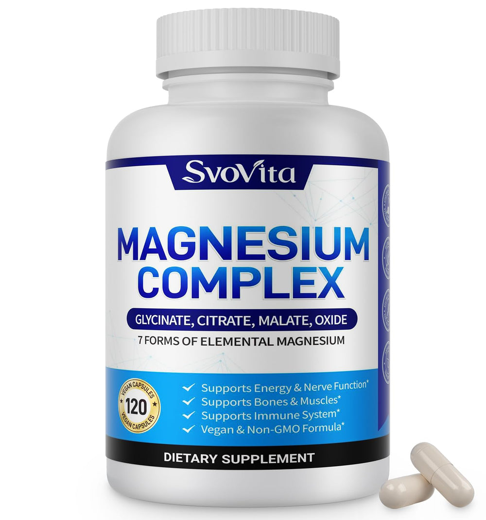 Svovita Magnesium Complex bottle on table, vegan non-GMO formula for daily energy.