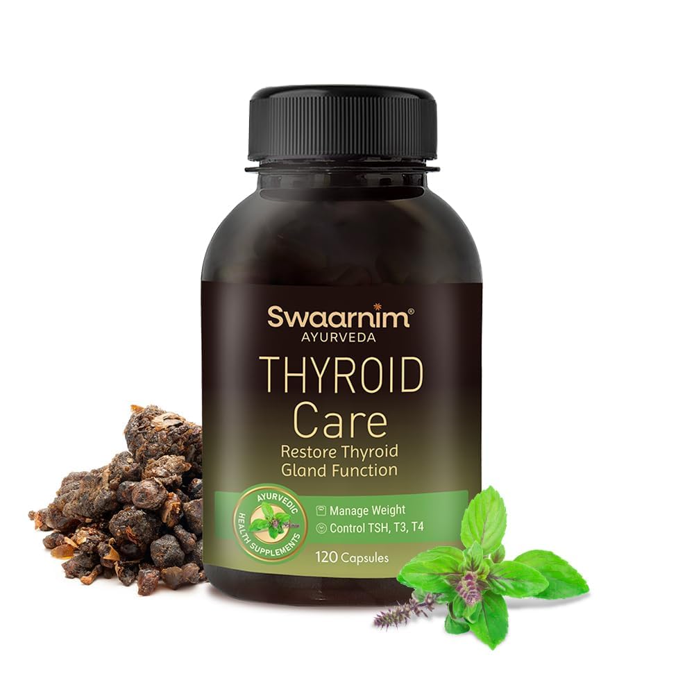 Swaarnim Thyroid Care bottle close-up highlighting natural herbal formula for daily balance.