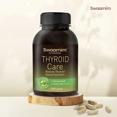 Swaarnim Thyroid Care capsules arranged for a simple daily supplement routine.