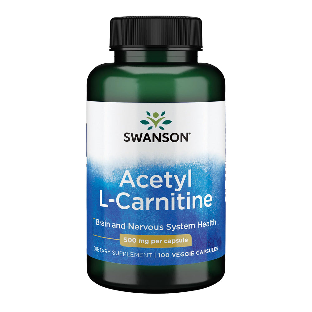 Swanson Acetyl-L-Carnitine 500 mg capsules bottle front suggests daily support for brain and muscles