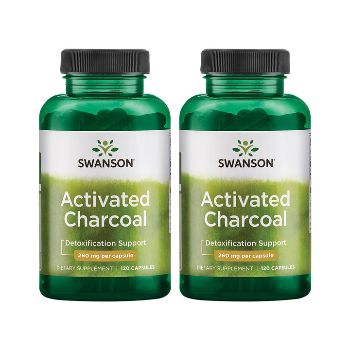 Swanson Activated Charcoal bottle pour shows easy-dose capsules for digestive support.