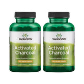 Swanson Activated Charcoal bottle pour shows easy-dose capsules for digestive support.