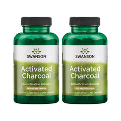 Swanson Activated Charcoal bottle pour shows easy-dose capsules for digestive support.